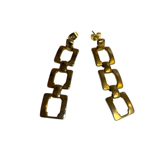 Goldtone Post Pierced Earrings Square Links 2 Inch Drop Dangle - Picture 2 of 6